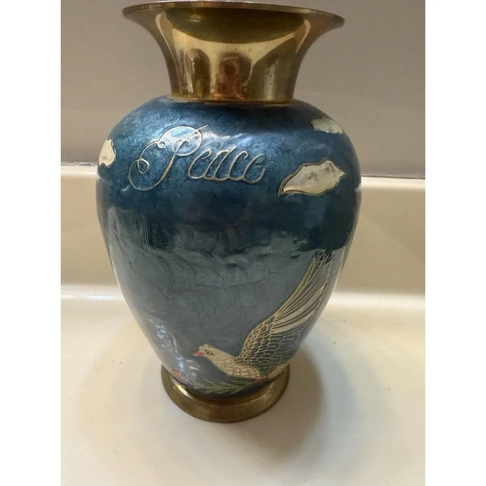 Vintage Brass Enameled Vase and Trinket Jewelry Box Birds w/Roses Peace India